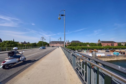 Car bridge and footbridge, Rhine river, bridge railing, sidewalk, lantern, road, lanes, cars,