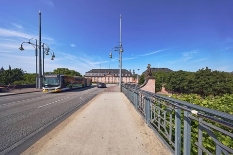 Car bridge and footbridge, bridge railing, bridgehead, lantern, public bus, line 56 bus, sidewalk,