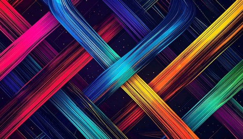 Abstract digital art featuring vibrant, intersecting neon lines creating a geometric pattern,