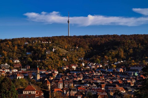 View of Suttgart-Süd with TV Tower, Weinsteige, St. Mark's Church, Stuttgart, Baden-Württemberg,