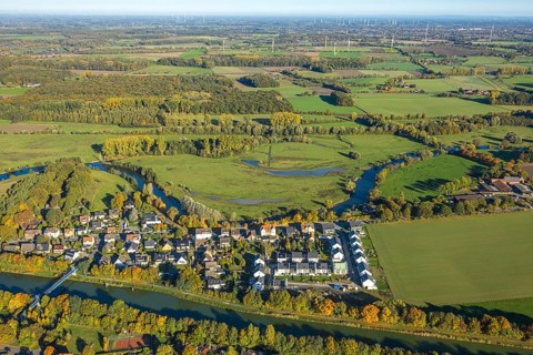Aerial view, new development area for residential buildings Im Fuchswinkel an der