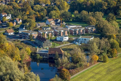 Aerial view, Schlossmühle building area, residential buildings new building on Schlossstraße,