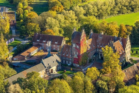 Aerial view, Heessen Castle private school and boarding school, colorful house façade with plant