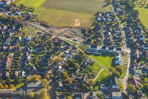 Aerial view, construction site on the corner of Bimbergsheide, Üntrop, Hamm, Ruhr region, North