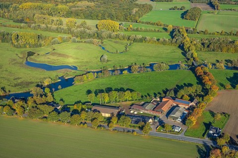 Aerial view, agricultural farm, Heinrich Freisfeld farm, river Lippe and Lippe floodplain, autumn