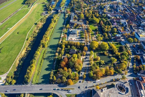 Aerial view, Datteln-Hamm Canal and Lippe river, water sports center, Hammonense grammar school and