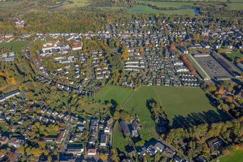 Aerial view, Huckenholz residential area, Johanniter-Kliniken Hamm location in Knappenstraße, above