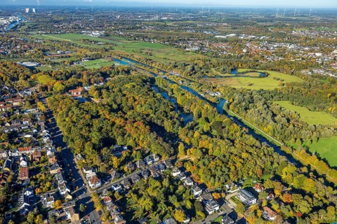 Aerial view, spa park with autumn trees, view of Hamm-Lippewiesen airfield, Lippe river meander and