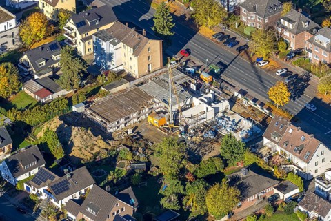 Aerial view, construction site for apartments and daycare at Ostenallee 122, Üntrop, Hamm, Ruhr