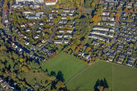 Aerial view, row house residential area Huckenholz, Üntrop, Hamm, Ruhr area, North
