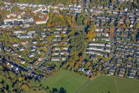 Aerial view, row house residential area Huckenholz, Johanniter-Kliniken Hamm location