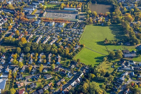 Aerial view, Huckenholz residential area, above, Hamm Federal Administration Office and Main