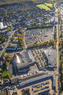 Aerial view, central halls event venue and Kaufland supermarket, hmarkt flea market in the parking