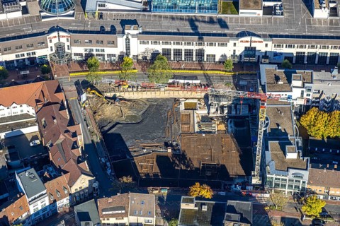 Aerial view, construction site with demolition and new construction of the western half of the