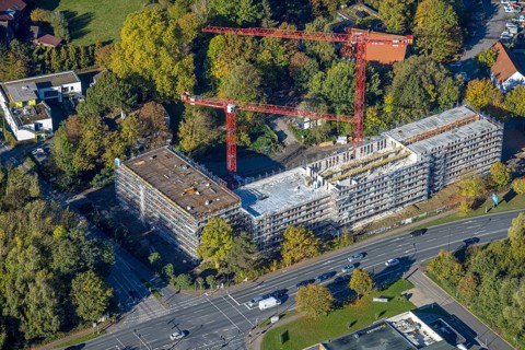 Aerial photo, construction site and new building for Autobahn GmbH office buildings, former garden