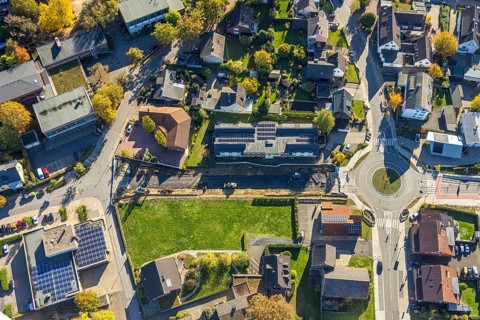 Aerial view, road construction site and new building for new road between Von-Thünen-Straße and
