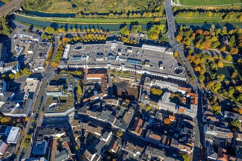 Aerial view, construction site with demolition and new construction of the western half of the
