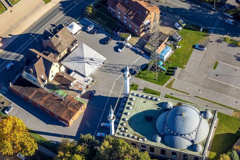 Aerial view, DiTiB Ulu Camii mosque, Islamic community, Herringen district, Hamm, Ruhr region,