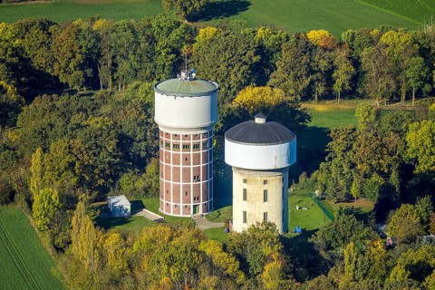 Aerial view, two water towers, tower WT2000 and tower WT3000, water supply for the city of Hamm,