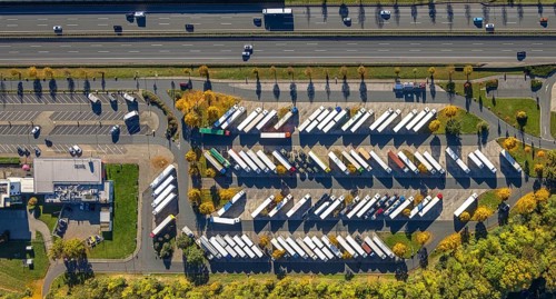 Aerial view, Serways Rhynern rest area with truck parking lot on the A2 motorway, shapes and