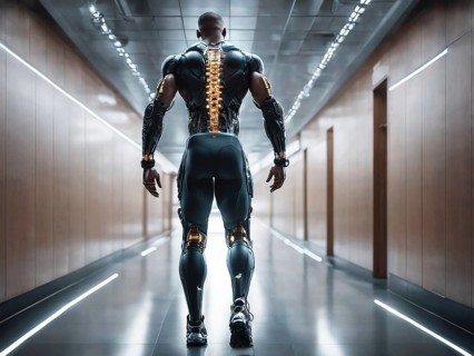 A muscular cyborg walking through a futuristic hallway, highlighting human enhancement, AI