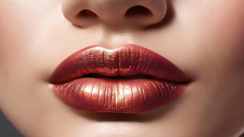 Close-up of shiny copper-colored lips with a metallic finish, AI generated