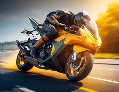 A motorcyclist racing on a yellow bike at high speed during sunset, AI generated