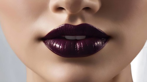 Close-up of glossy dark purple lips, showcasing a glamorous style, AI generated
