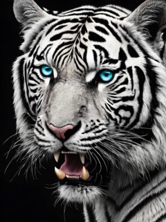 Close-up of a white tiger with striking blue eyes and an open mouth, AI generated