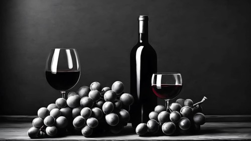 Minimalist wine and grape arrangement with glasses on a dark background, AI generated