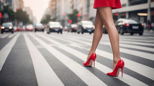Elegant red heels paired with a red dress, confidently walking in city traffic, AI generated