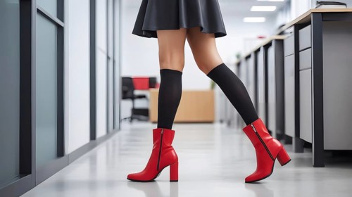 Woman in red boots and black skirt walking in a stylish modern office setting, AI generated