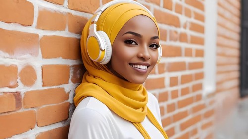Woman in a yellow hijab and headphones standing relaxed by a brick wall, AI generated