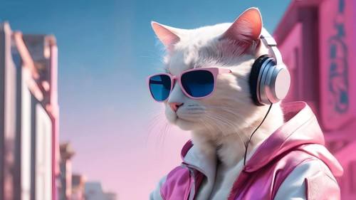 Cat wearing headphones and sunglasses with an urban backdrop in pink and blue, AI generated