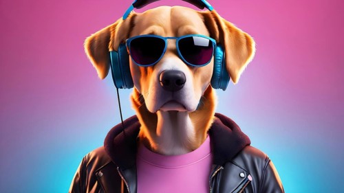Stylish dog in sunglasses and headphones wearing a leather jacket with a vibrant background, AI