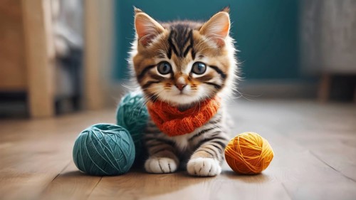 Adorable kitten with a scarf playing with colorful yarn balls on a wooden floor, AI generated