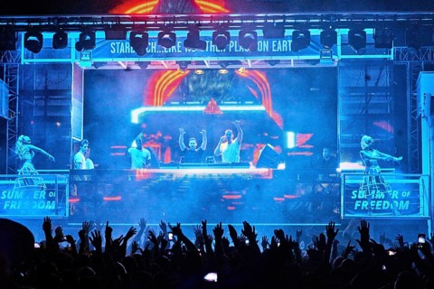 EDITORIAL and NEWS ONLY, stage view of rare moment of joint DJ back to back performance of edm