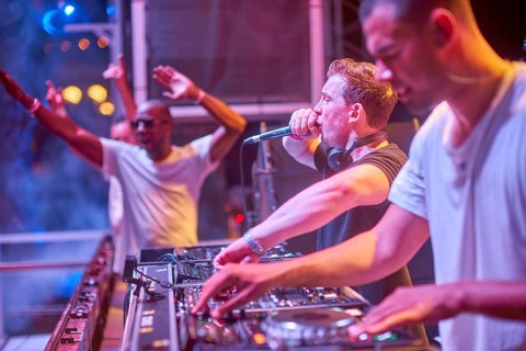 EDITORIAL and NEWS ONLY, rare moment of joint DJ back to back performance of edm dance music DJ