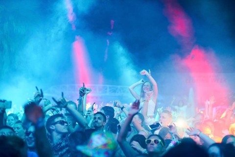 EDITORIAL and NEWS ONLY, festival crowd cheering towards rare moment of joint DJ back to back