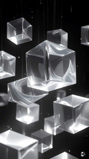 Abstract animation, glass cubes on black background, modern business wallpaper illustration, AI