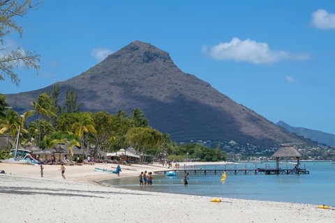 Beach, palm trees, sea, sky, clouds, Flic-en-Flac, Mauritius
