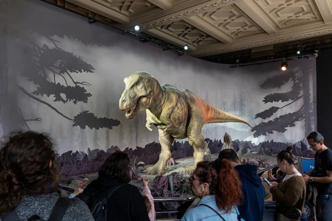 London, United Kingdom - 15 May 2025: The thrill of prehistory: looking at a giant dinosaur model