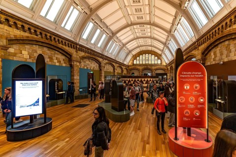 London, United Kingdom - 15 May 2025: People engaging with the informative modern displays at