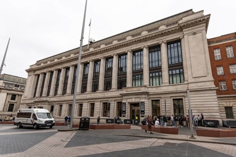 London, United Kingdom - 15 May 2025: Wide view of the grand exterior and columned facade of the