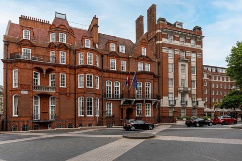 London, United Kingdom - 15 May 2025: Ornate red brick diplomatic building of the Jamaican High