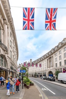 London, United Kingdom - 15 May 2025: Iconic Regent Street: sweeping curve of neoclassical