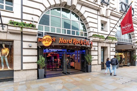 London, United Kingdom - 15 May 2025: Hard Rock Cafe London entrance at Piccadilly Circus in the