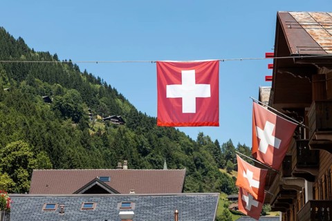 Champery in Switzerland by the French borderChalets with a Swiss flag are pictured in Champery, a