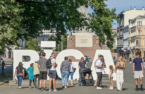 Riga lettering, Tourists, Freedom Square, Brivibas Laukums, Old Town, Riga, Latvia