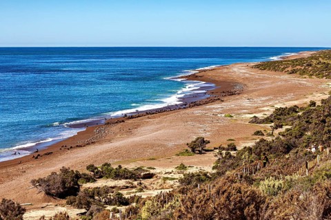 Coastal landscape with narrow beach and undulating sea under clear sky, The landscape of Peninsula